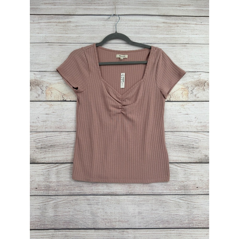 Madewell Ribbed Sweetheart Tee Women Size M Mauve Ruched Short Sleeve ND850